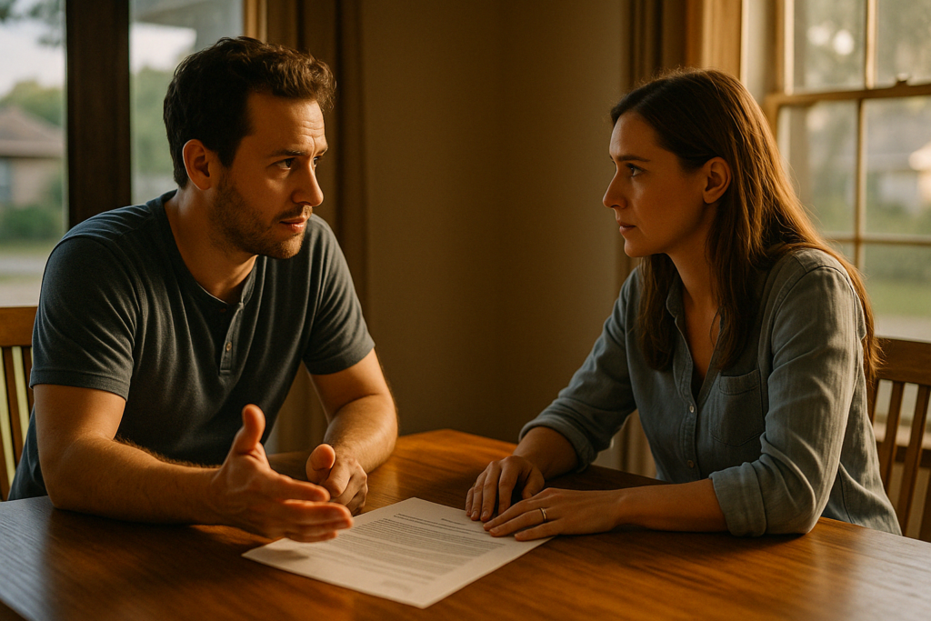 A couple discussing their long-distance divorce case.