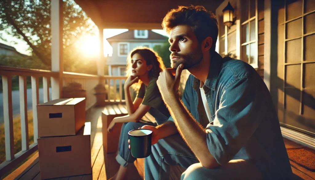 A cinematic, photo-realistic wide-angle image with summer vibes. A concerned parent sitting alone on a porch in the late afternoon, gazing thoughtfully into the distance. The parent is holding a coffee mug, with packed moving boxes nearby, symbolizing an upcoming relocation. Sunlight casts a warm glow over the scene, but the parent's worried expression reflects concern about the impact on their child's stability. The atmosphere is calm yet introspective, blending warmth with uncertainty.
