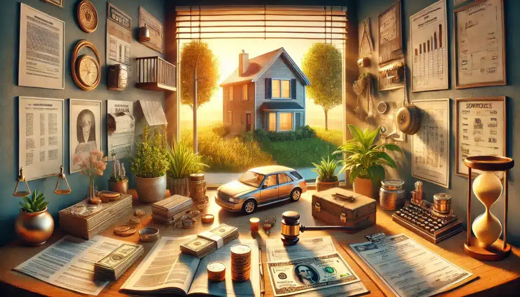 A wide-angle, photo-realistic, cinematic summer illustration showing various types. The image features assets like real estate (a house), financial accounts represented by bank statements and coins, a car, and personal items such as jewelry or collectibles. The scene is warm and serene, with sunlight streaming through to create summer vibes, while greenery and nature outside the window add to the peaceful atmosphere. The overall feeling is one of balance and clarity.