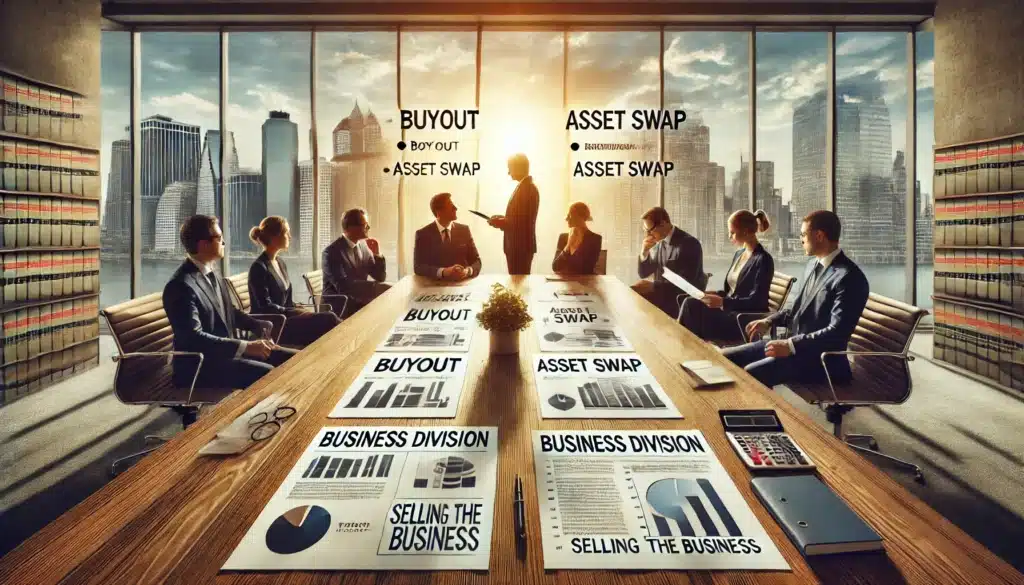 A cinematic, wide-angle, photo-realistic image with summer vibes illustrating the various methods for dividing business assets in a Texas divorce. The image features a conference room setting with two spouses and their attorneys discussing business division options. On a large table are documents showing methods like a buyout, asset swap, and selling the business. The backdrop includes large windows with sunlight pouring in, and the Texas skyline visible in the background. Visual symbols of business assets like charts, calculators, and contract papers are spread across the table, evoking a professional yet tense atmosphere.