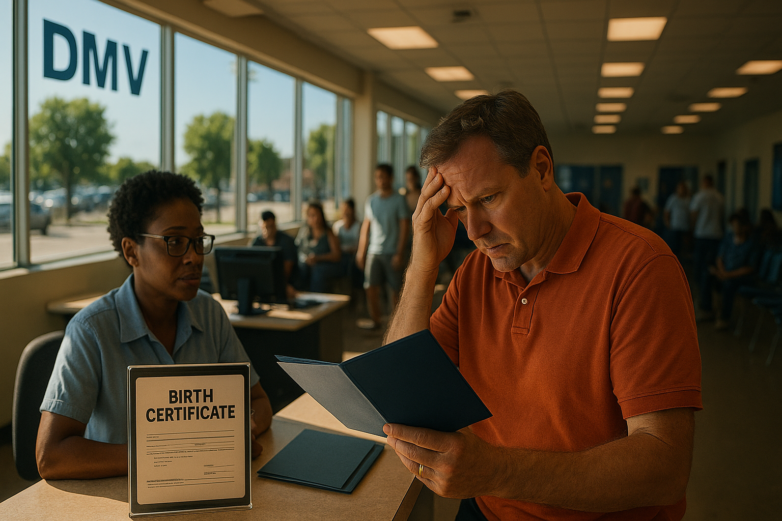 A worried man at a DMV counter reviews paperwork while a clerk points to a missing birth certificate form, highlighting the stress of lost records.
