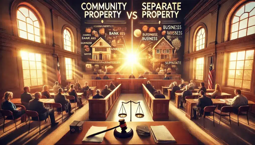 A photo-realistic, cinematic wide-angle image capturing a summer vibe. The scene depicts a Texas courtroom setting with a split visual representation of community property versus separate property in a divorce case. On one side, assets like a shared home, joint bank accounts, and a business are presented as community property. On the other side, assets such as an inheritance, a personal business, and a pre-marriage investment portfolio are shown as separate property. The image conveys a legal and financial discussion with attorneys and a judge presiding over the case. Warm golden sunlight streams through the courthouse windows, adding a dramatic effect.