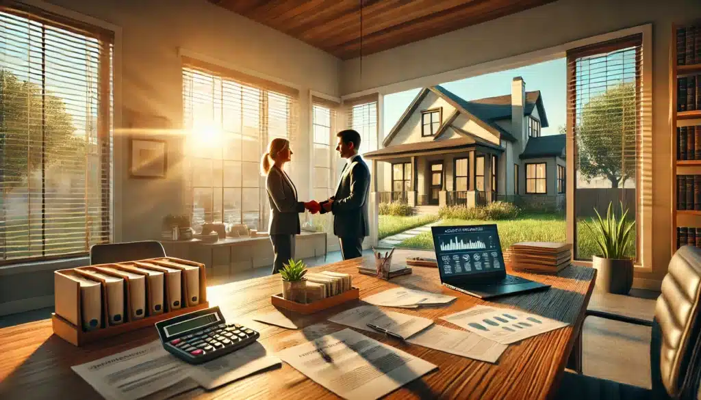 A cinematic, photo-realistic wide-angle image depicting strategies for protecting separate property in Texas. The scene features a professional lawyer and a client discussing asset protection strategies in a bright, modern office. Legal documents, financial records, and a laptop displaying asset tracing data are spread across a polished wooden desk. In the background, a Texas-style home with a large front yard is visible through a sunlit window, symbolizing real estate protection. The atmosphere is warm and summery, with golden sunlight casting soft shadows, creating a confident and strategic mood.