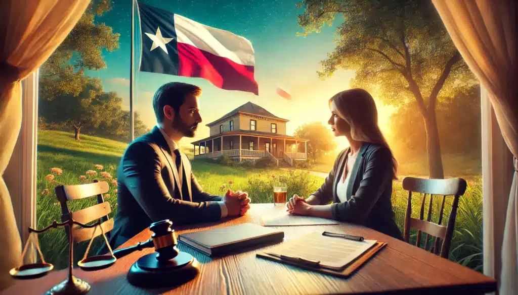 A wide-angle, photo-realistic, cinematic image with summer vibes, depicting a family law attorney consulting with a client in Texas. The scene shows a calm outdoor setting under a warm summer sky, with subtle Texas elements in the background. The attorney is seated at a desk, engaging with the client in a serious but supportive conversation. Legal documents are visible, and the overall atmosphere reflects the importance of choosing the right attorney to navigate family law matters.