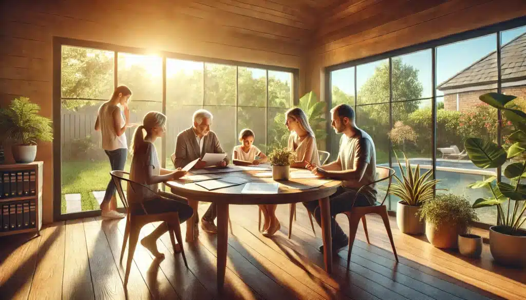 A photo-realistic, cinematic wide-angle image with summer vibes, depicting a family sitting around a wooden table discussing spousal maintenance in the context of adultery. The scene includes a calm and serious atmosphere, with documents and a laptop on the table. Warm sunlight streams through large windows, illuminating the faces of the family members. Outside, there are lush green plants and a clear summer sky visible through the windows, adding to the serene environment.