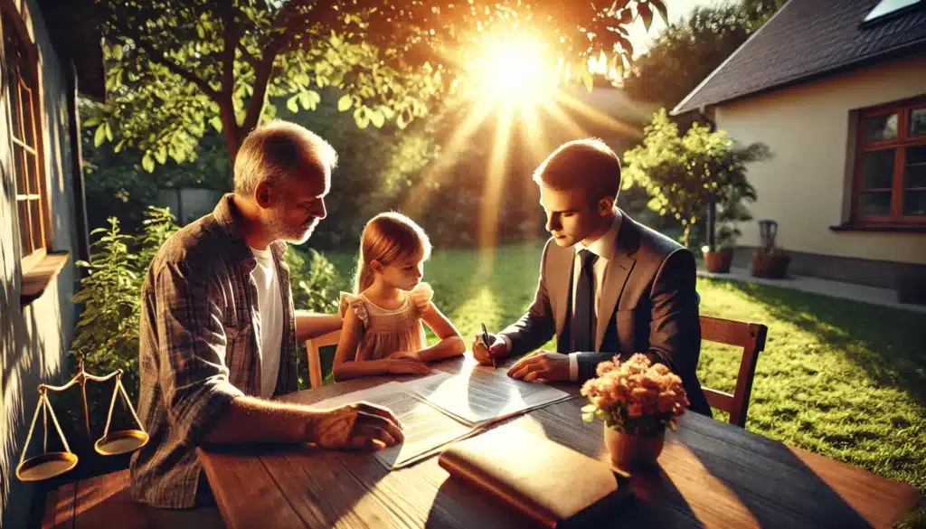A wide-angle, photo-realistic, cinematic scene showing a lawyer providing legal support to a family discussing custody and protective order cases in an outdoor summer setting. The lawyer is seated at a table with the family, reviewing legal documents, while warm sunlight shines through nearby trees, casting a soft, golden light on the scene. The background is filled with greenery, enhancing the summer vibes and adding a peaceful, supportive atmosphere. The mood is serious but hopeful, symbolizing the importance of legal guidance in navigating these complex issues.