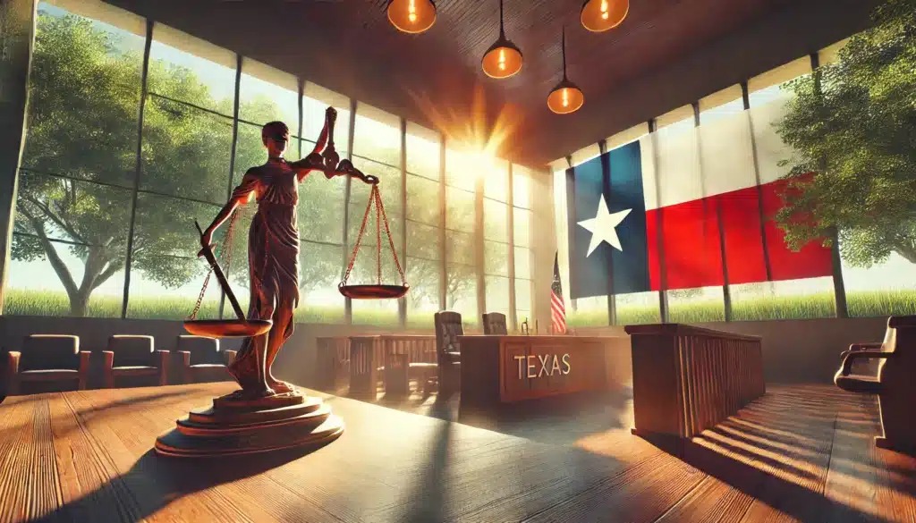 A wide-angle, photo-realistic, cinematic illustration representing the legal grounds for terminating parental rights in Texas, captured with summer vibes. The scene shows a symbolic courtroom with scales of justice in the foreground and the Texas flag subtly blended in the background. The image includes warm summer lighting filtering through large windows, creating a sense of seriousness but also clarity, representing the legal process. The courtroom is surrounded by greenery outside, reflecting a focus on justice and the best interests of the child.
