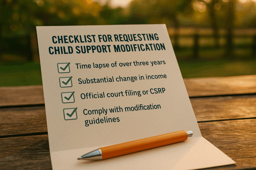 A checklist for requesting child support modifications.