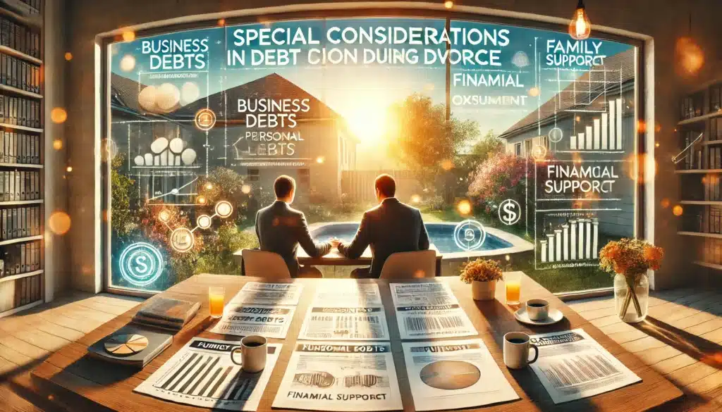 A wide-angle, photo-realistic, cinematic illustration with summer vibes depicting special considerations in debt division during divorce. The scene shows two individuals seated across a large table, with documents representing complex financial situations such as business debts, personal loans, and custody-related expenses. One side features charts showing earning potential and financial misconduct, while the other includes symbols of family support and future obligations. Sunlight filters through the windows, casting a warm summer glow on the scene, highlighting the emotional and financial intricacies involved in special debt considerations during divorce.