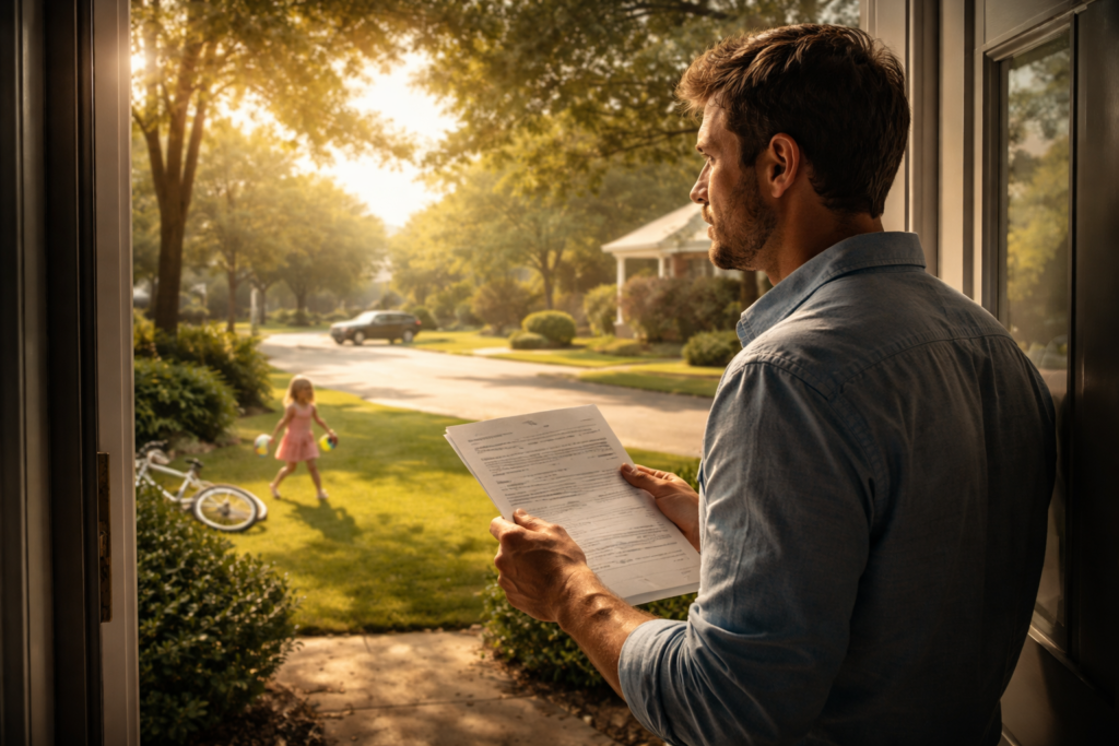 Father reading court document at doorway while child plays outside, symbolizing drug testing in Texas child custody cases