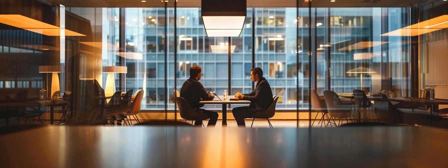 a focused, modern office setting features a serious discussion between a lawyer and a client, illuminated by dramatic overhead lighting that emphasizes the importance of spousal support enforcement in texas.