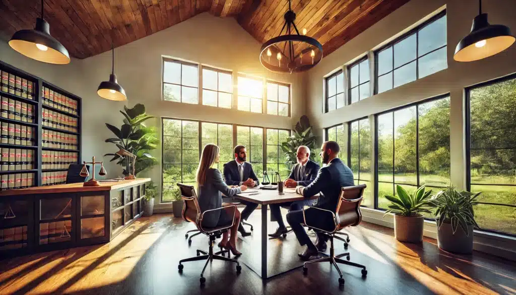 Wide-angle, photo-realistic, cinematic image with summer vibes, set in a professional setting where clients are meeting with mediation attorneys in Kingwood, TX. The scene features a bright and airy office space with large windows letting in natural sunlight. The room is furnished with a modern table where clients and attorneys are engaged in a focused yet calm discussion. The attorneys appear attentive and supportive, while the clients look relaxed and engaged. The atmosphere is warm and inviting, capturing a positive and collaborative environment. Outside the windows, greenery and blue skies add a touch of the serene Texas summer. No cameras or camera equipment are visible.