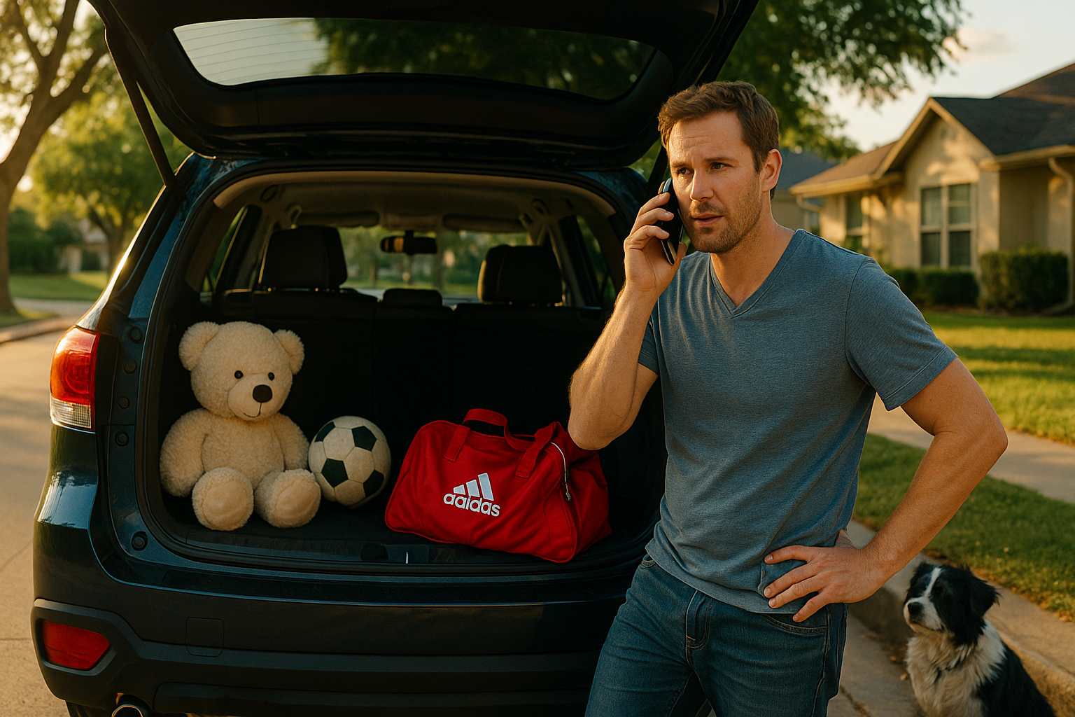 Father on the phone next to SUV filled with child’s items, reflecting co-parenting confusion after custody exchange