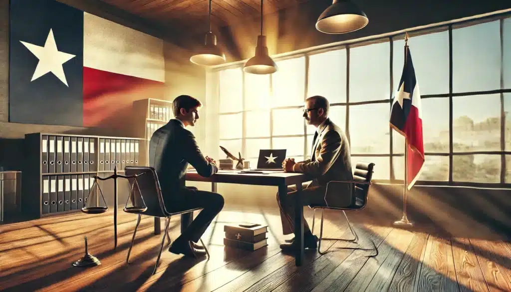 A wide-angle, photo-realistic, cinematic image with summer vibes. The scene captures a Texas family law attorney consulting with a client about their family law case. The attorney, dressed professionally, sits at a polished wooden desk, attentively listening to the client. Legal documents and a laptop are spread across the table. Sunlight streams through large office windows, casting a warm glow. The setting includes subtle Texas legal elements such as a Lone Star emblem or a Texas flag in the background, creating a professional yet inviting atmosphere.