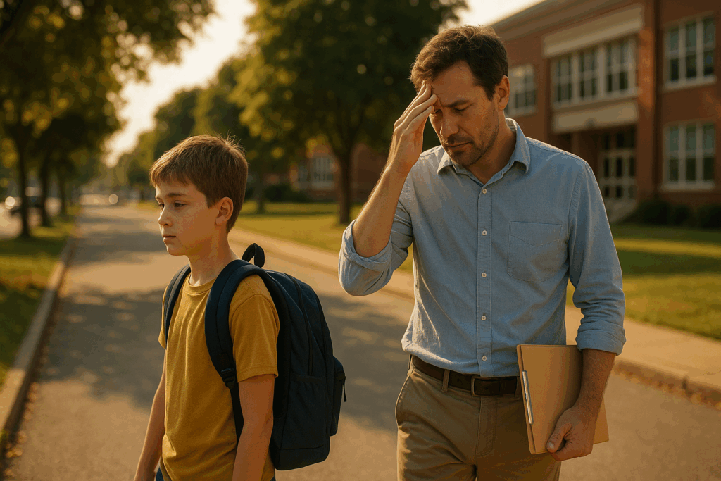 A stressed father walks his son to school on a sunny Texas afternoon, symbolizing the emotional challenges of navigating child custody and education during divorce.