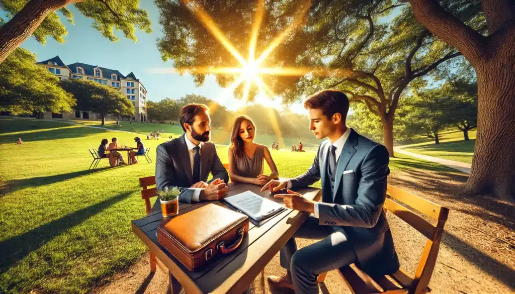 A wide-angle, photo-realistic cinematic image with summer vibes showing a professional family lawyer in Texas seated at an outdoor table in a scenic park, explaining Texas family law solutions to a client. The lawyer, dressed formally, points to a legal document while the client listens attentively. The setting features bright, golden sunlight filtering through trees, lush green grass, and a calm atmosphere. The background includes other park visitors enjoying the summer day, adding a relaxed yet focused ambiance. The image is captured in the style of a wide-angle lens photograph, with vibrant, realistic details, ensuring no visible cameras or camera equipment.