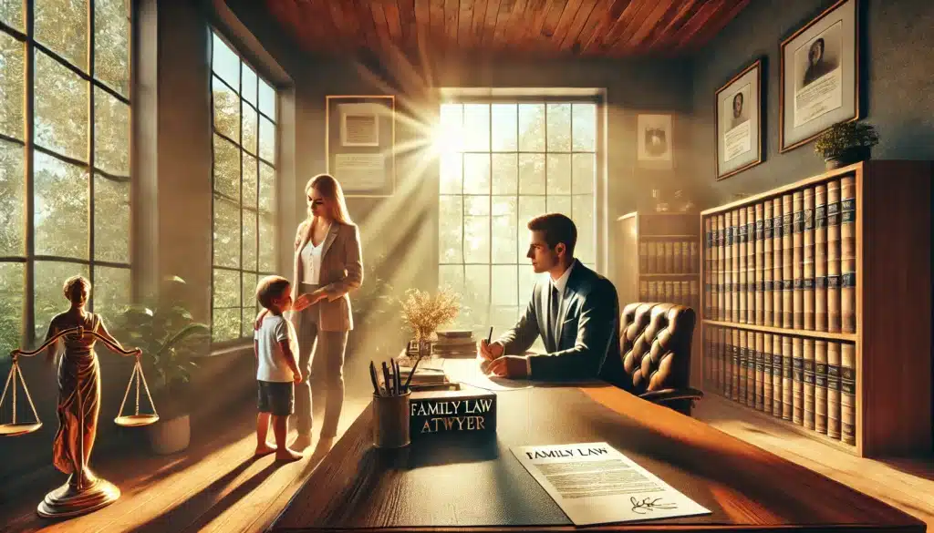 A cinematic, photo-realistic wide-angle image representing the qualities to look for in a family law attorney, set in a summer environment. The scene includes an attorney’s office with a professional lawyer in conversation with a family. The lawyer is calmly listening, while holding a legal document, reflecting strong communication skills. The summer sun shines through large office windows, casting a warm, welcoming light. Details such as framed degrees on the wall and law books on shelves emphasize the attorney's experience. The overall mood conveys trust, professionalism, and reliability.