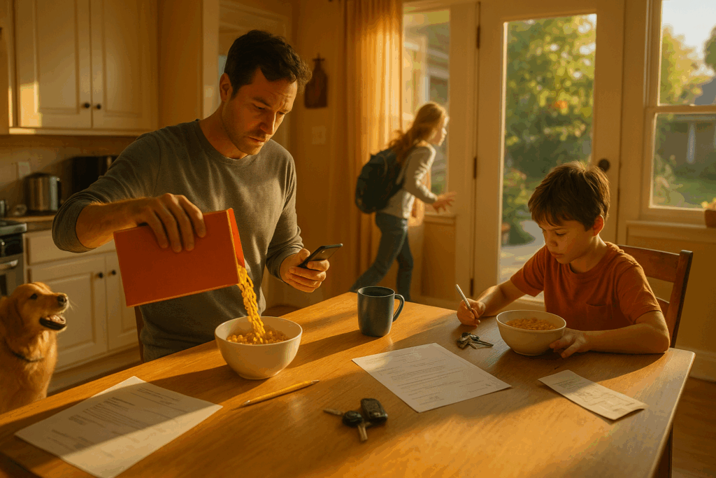 A parent multitasks in a bright Texas kitchen—pouring cereal, checking their phone about child support, and helping kids get ready for school while the dog barks nearby.
