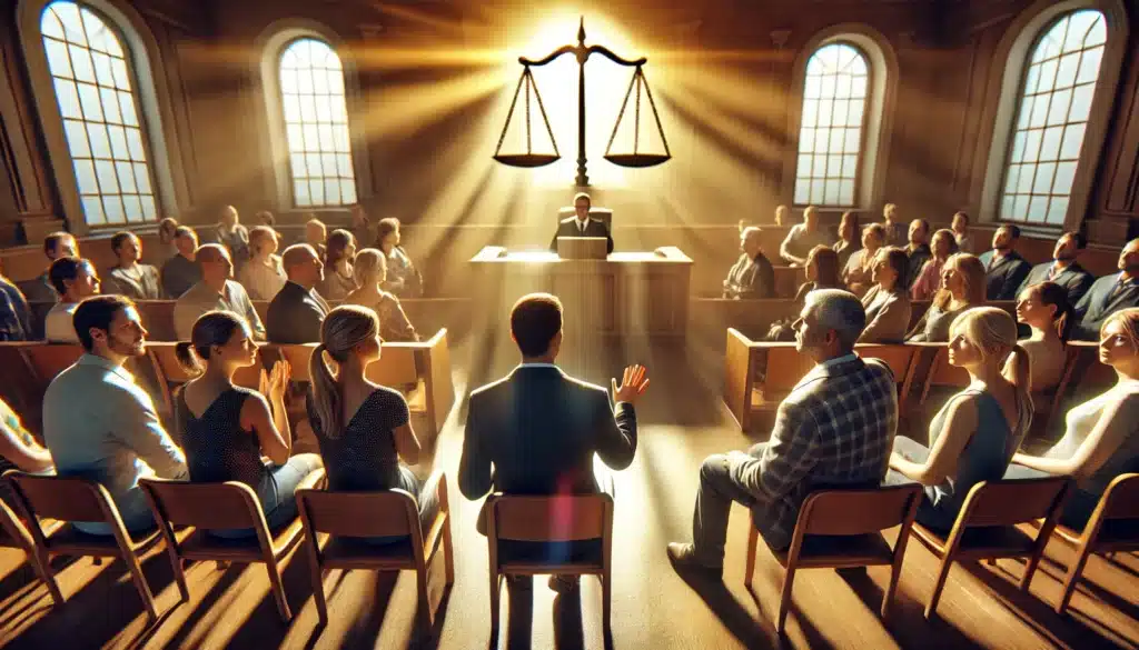 A wide-angle, photo-realistic cinematic illustration showcasing real-life case studies and testimonials related to parental rights. The scene features a courtroom on a summer day, with individuals seated sharing their personal stories. A lawyer listens closely, while the scales of justice are subtly visible in the background. The warm sunlight enhances the emotional and hopeful atmosphere, representing the impact of these testimonials in parental rights cases. The overall tone emphasizes family, justice, and personal narratives. No text or camera equipment.