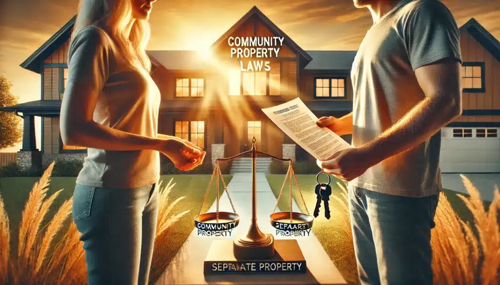 A cinematic, photo-realistic wide-angle image illustrating community property laws in Texas. The image features a couple standing outside a modern suburban home under golden summer sunlight, symbolizing shared marital assets. One spouse holds a set of house keys while the other holds a financial document, representing the division of property. A legal scale in the background subtly highlights the concept of community and separate property. The atmosphere is warm yet serious, capturing the complexities of Texas property laws with a realistic and engaging aesthetic.
