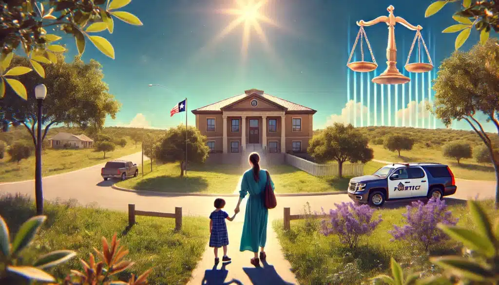 A wide-angle, photo-realistic, cinematic image illustrating legal grounds for keeping a child from the father in Texas without a court order. The scene captures a serious moment in a peaceful suburban park, with a mother protectively holding her child’s hand while looking over her shoulder, as if concerned for their safety. In the background, legal symbolism such as a courthouse or scales of justice is subtly integrated into the landscape, representing the legal aspect. The bright, summer lighting contrasts with the seriousness of the situation, evoking both warmth and tension. The child and mother are framed in a balanced, cinematic way, with Texas elements like clear skies and open spaces in the background.