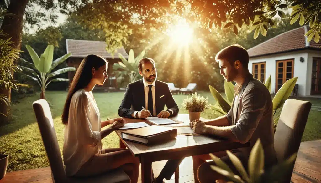 A wide-angle, photo-realistic, cinematic scene with summer vibes showing a family law mediation process. Three individuals sit at a table outdoors in a peaceful, warm setting with natural sunlight filtering through trees. The mediator appears calm and attentive, while the two parties engage in discussion with documents and notepads in front of them. The scene suggests cooperation, understanding, and guidance in resolving family issues. Background includes greenery and a relaxed ambiance without any visible cameras, equipment, or text.