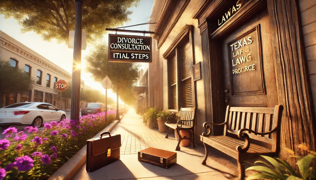 A cinematic, wide-angle, photo-realistic image of a Texas law office entrance on a warm summer afternoon. The scene features a rustic wooden door with a brass sign that reads 'Divorce Consultation - Initial Steps.' A legal briefcase sits on a bench outside, along with a clipboard marked 'Texas Divorce Process.' The sunlight casts a golden glow across the sidewalk, and a row of vibrant summer flowers lines the path, giving a peaceful yet professional vibe. The atmosphere combines calmness with the sense of embarking on an important legal journey.