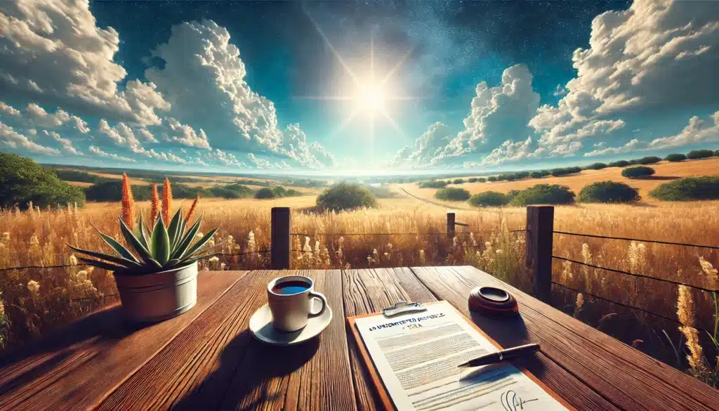 A wide-angle, photo-realistic, cinematic image of a peaceful Texas landscape symbolizing the concept of an uncontested divorce. The scene captures a tranquil outdoor setting with vibrant summer vibes, featuring a clear blue sky, sunlit fields, and a calm horizon. In the foreground, a wooden table with legal documents and a cup of coffee signifies the idea of a peaceful, straightforward divorce process. The image evokes a relaxed, calm, and serene atmosphere, illustrating the ease and simplicity of an uncontested divorce in Texas.