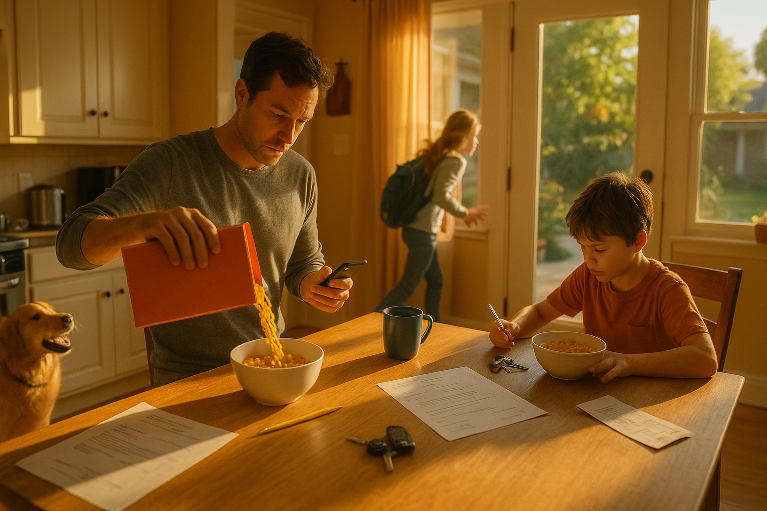 A parent multitasks in a bright Texas kitchen—pouring cereal, checking their phone about child support, and helping kids get ready for school while the dog barks nearby.