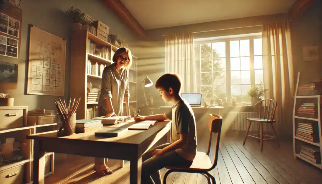 A wide-angle, photo-realistic, cinematic illustration of a child studying at a desk with a parent nearby, offering support during a time of family transition. The setting is a calm, summery atmosphere with sunlight streaming through a window, illuminating the child’s focused expression and the parent’s gentle, encouraging presence. The room is cozy and organized, featuring books, school supplies, and a welcoming ambiance that reflects the supportive role of the parent in the child’s education. The scene is captured in a warm, realistic style with a soft summer glow, emphasizing stability and care.