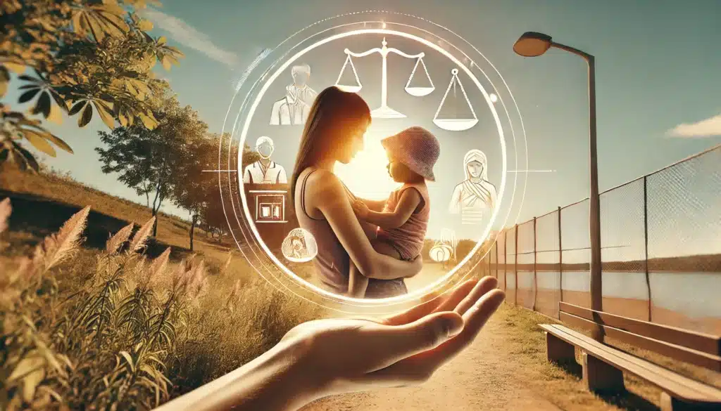A wide-angle, photo-realistic, cinematic illustration with summer vibes, depicting factors justifying a custody change, emphasizing children's safety and well-being. The scene shows a concerned parent holding their child outside in a warm, natural setting, symbolizing protection and care. Subtle legal and courtroom imagery in the background, like a balanced scale or documents, suggests the legal process. The environment is bright with warm sunlight, creating an inviting yet serious tone that reflects the importance of child safety in custody decisions.