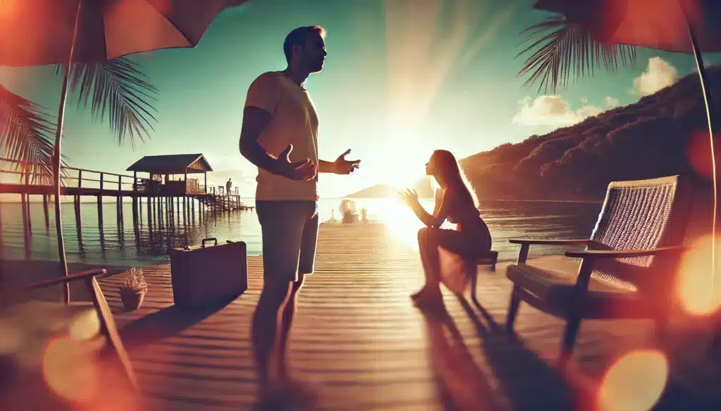 A wide-angle, photo-realistic, cinematic image with summer vibes, capturing the emotional impact of infidelity on spousal maintenance. The scene features a blurred couple arguing in the foreground, conveying tension and distress. The background is softly lit with warm summer tones, enhancing the contrast between the emotional turmoil and the serene surroundings. The image should evoke a sense of conflict and contemplation, without any visible text or branding.