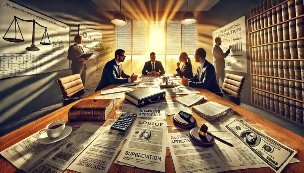 A photo-realistic, cinematic wide-angle image capturing a summer vibe. The scene depicts the challenges in valuing business appreciation during divorce. A conference table is covered with financial documents, valuation reports, and calculators as attorneys and forensic accountants analyze business growth factors. On one side of the table, a business owner looks concerned, while on the other, their spouse and legal counsel discuss claims. The background features a large window with golden summer sunlight streaming in, casting a dramatic glow over the tense negotiation. The setting is professional, highlighting the complexity of financial disputes in divorce proceedings.