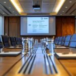 a polished conference room with a modern, sleek table set for a meeting, featuring legal documents and a digital presentation on alimony laws projected onto the wall, illuminated by bright overhead lights.