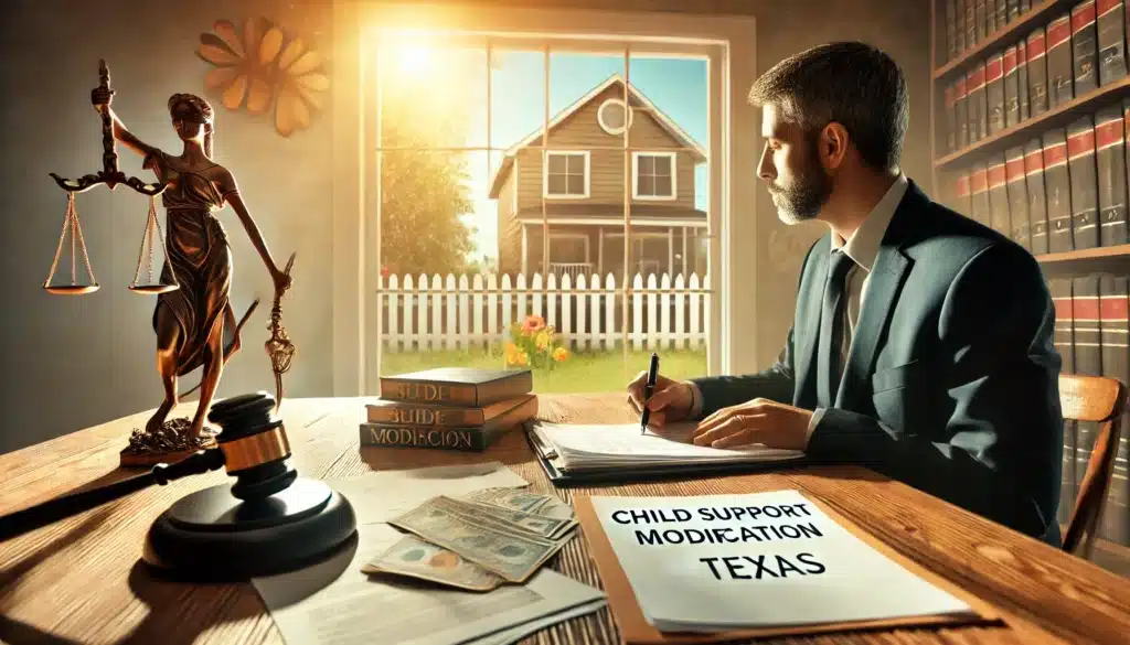 A wide-angle, photo-realistic, cinematic image with summer vibes depicting child support modification in Texas. The scene shows a thoughtful parent sitting at a desk, reviewing financial documents and legal papers while speaking with a lawyer. In the background, a judge’s gavel and scales of justice symbolize the legal process. The setting is a bright, sunlit room with a view of a Texas suburban neighborhood, evoking a warm, summery feel.