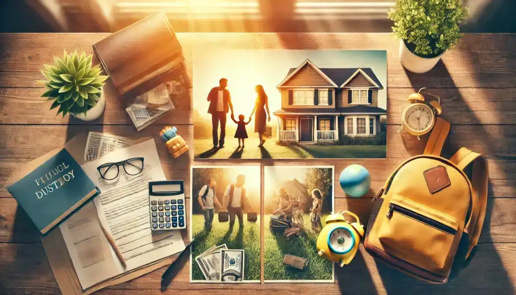 A wide-angle, photo-realistic, cinematic image with summer vibes, visually representing the impact of child custody on asset division in divorce cases. The scene shows a family photo split in two, symbolizing custody, with a house and financial documents on one side and a child's toy, backpack, and school-related items on the other side. The balance between financial assets and child-related items is clear, with sunlight streaming in to create a warm yet contemplative atmosphere. The scene evokes the complexities of balancing financial and emotional responsibilities in a divorce.