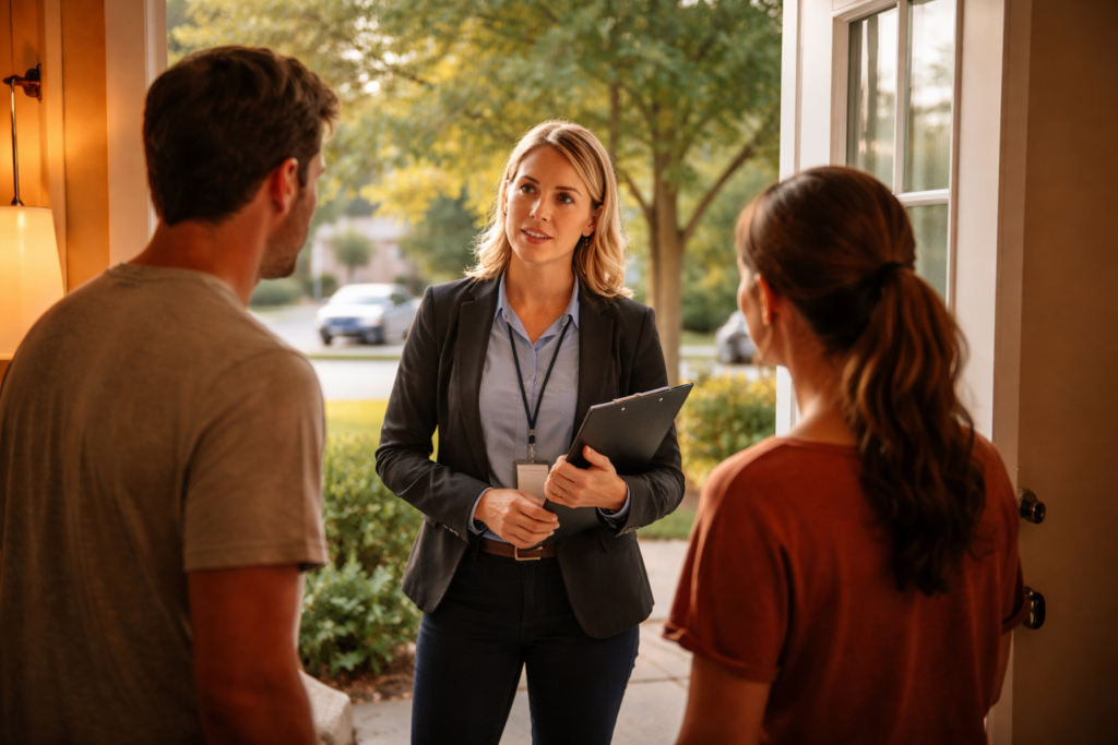A CPS caseworker speaks with parents at their front door during a Texas child welfare investigation
