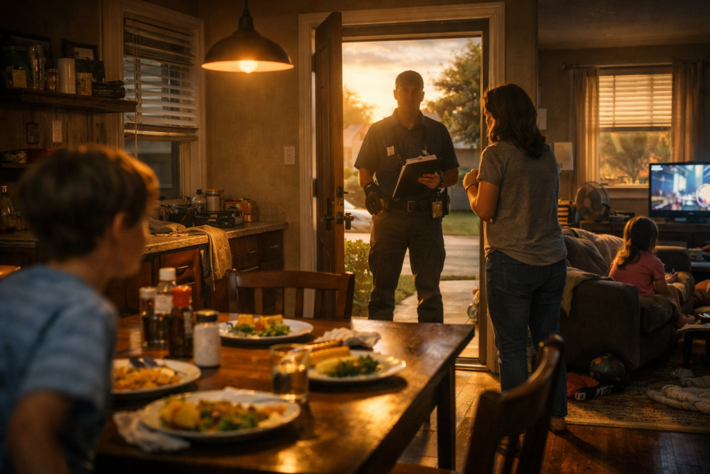 A Texas parent standing at the front door as a CPS investigator arrives during a family evening at home