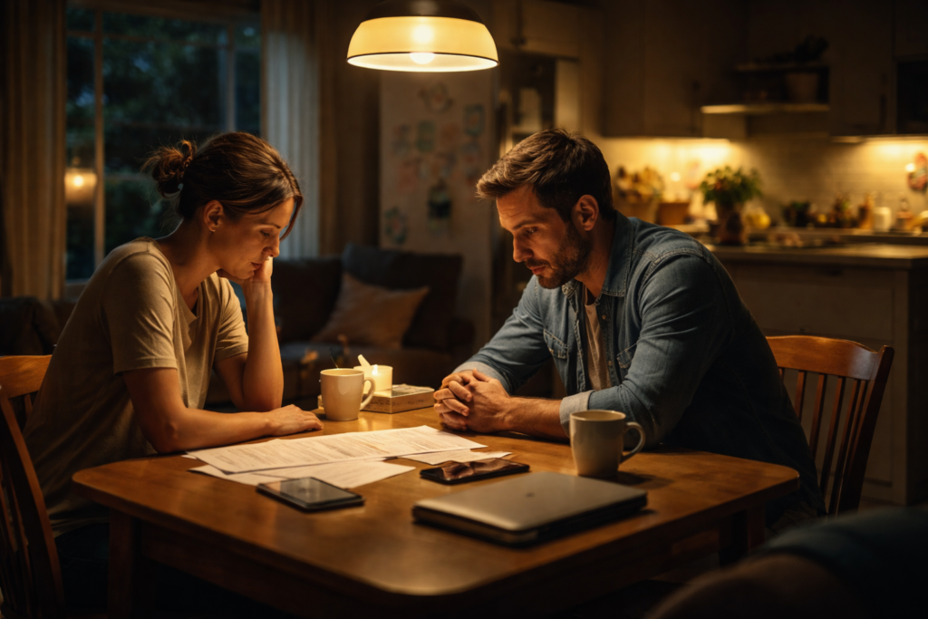 Parents sitting quietly at kitchen table discussing divorce papers in Texas home at night
