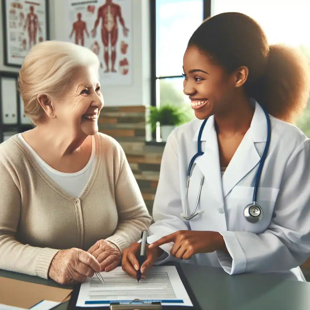 DALL·E-2024-06-05-17.02.52-An-image-of-an-elderly-woman-a-Caucasian-happily-availing-of-Medicaid-benefits-at-a-healthcare-facility.-She-is-interacting-with-a-healthcare-profes