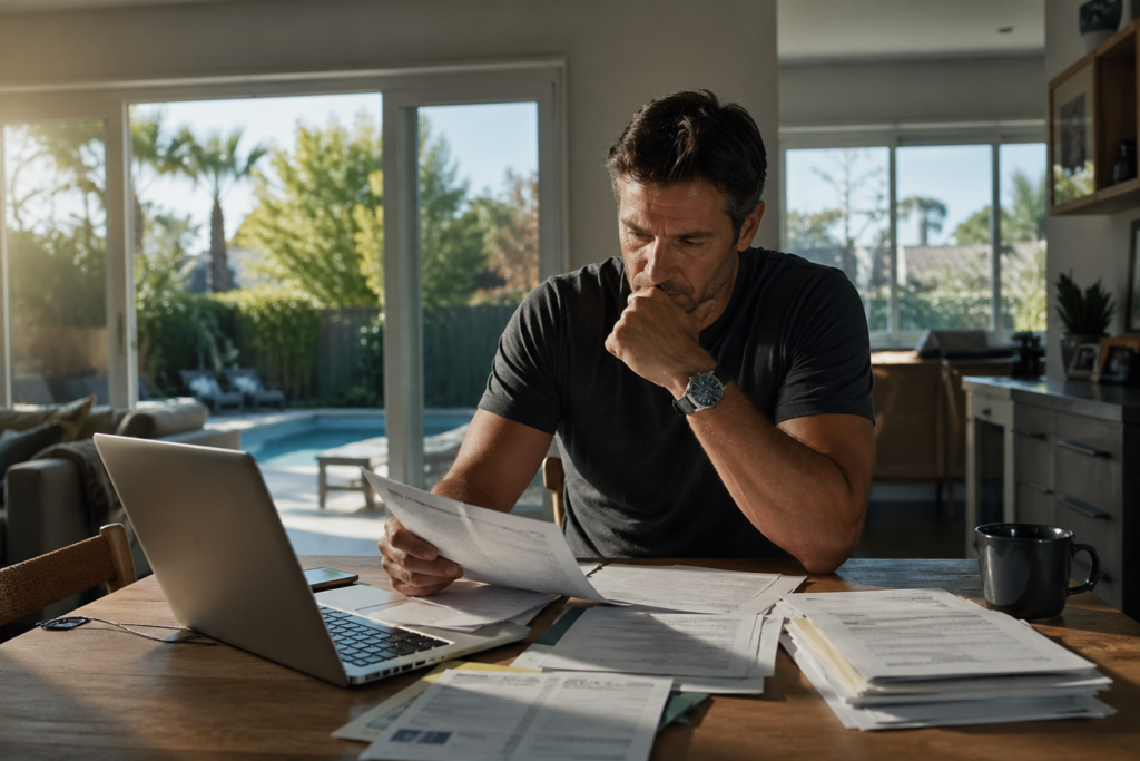 Man reviewing financial documents at home, concerned about divorce costs and how to avoid paying alimony in Texas
