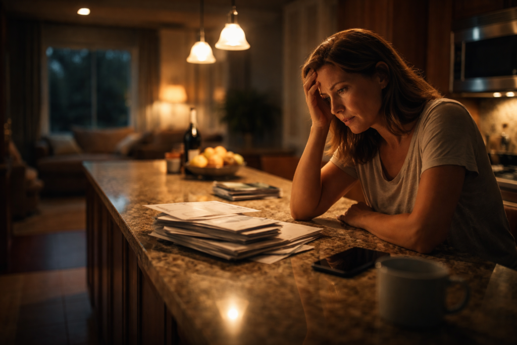 Mother sitting alone at kitchen counter late at night reviewing bills during divorce decision in Texas home