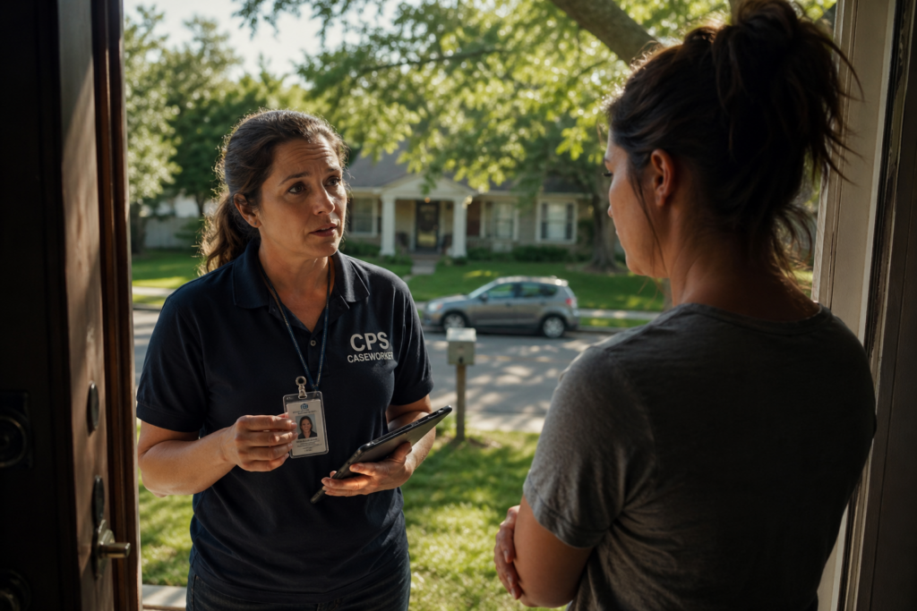 CPS caseworker speaking with parent at front door about drug testing in Texas