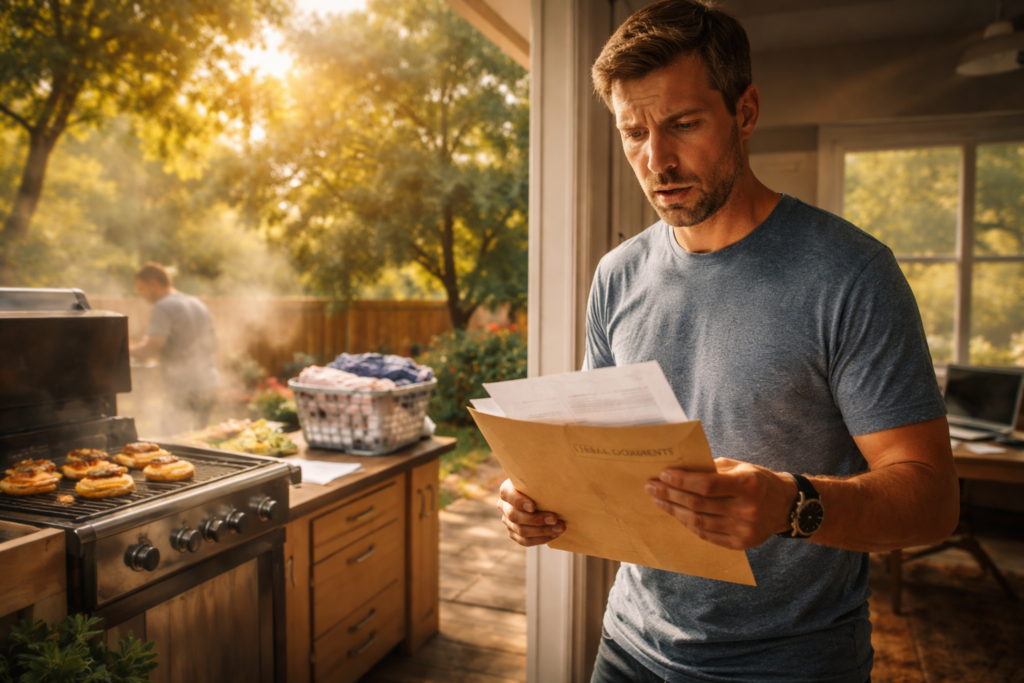 Man standing in a backyard doorway reading divorce papers in Texas with concerned expression on a summer afternoon