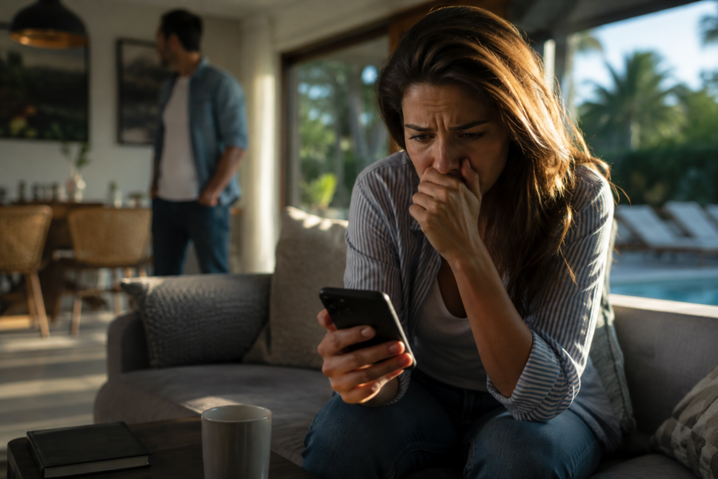 Woman reviewing messages on a spouse’s phone while considering what counts as adultery in Texas