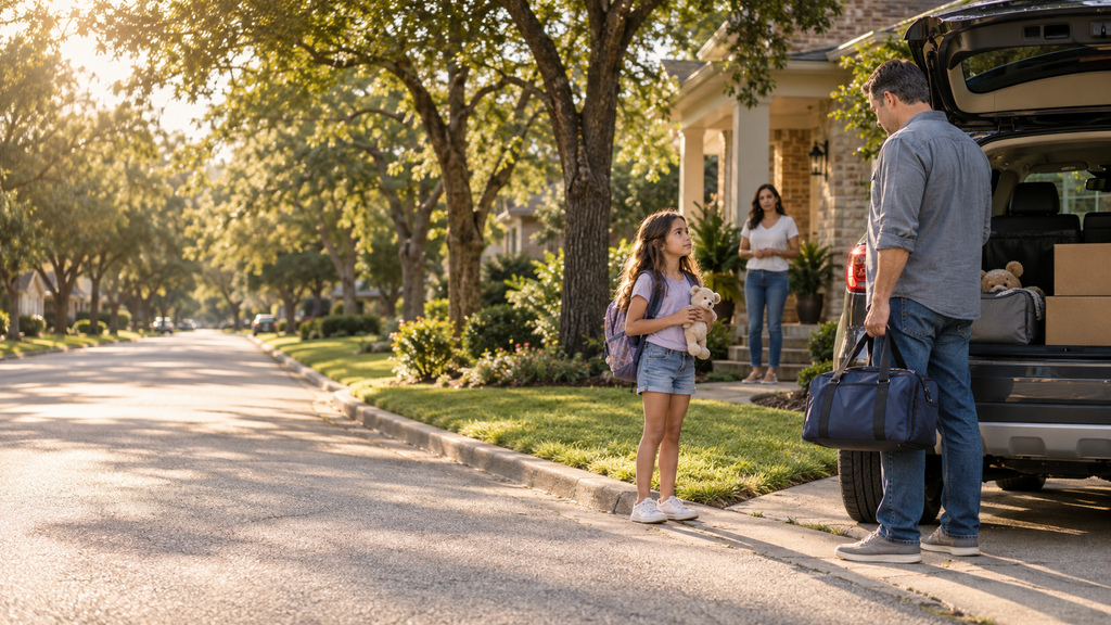 Parents transferring their daughter and an overnight bag during a summer custody exchange in a Texas neighborhood