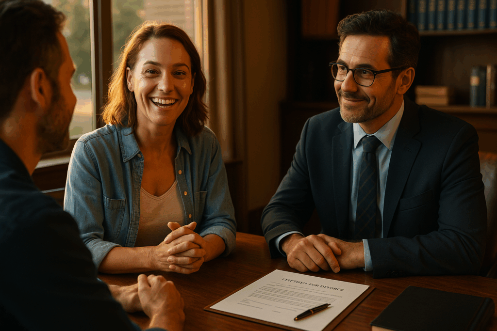A successful client sharing their divorce story with a supportive attorney.