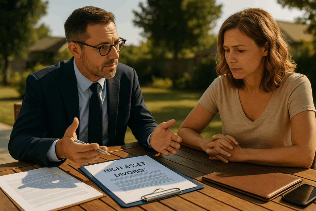 An attorney reviewing high-asset divorce documents with a client.