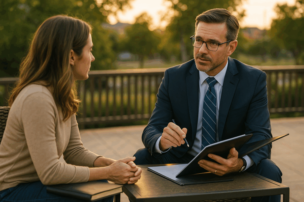 An experienced Texas divorce attorney discussing legal strategies with a client.