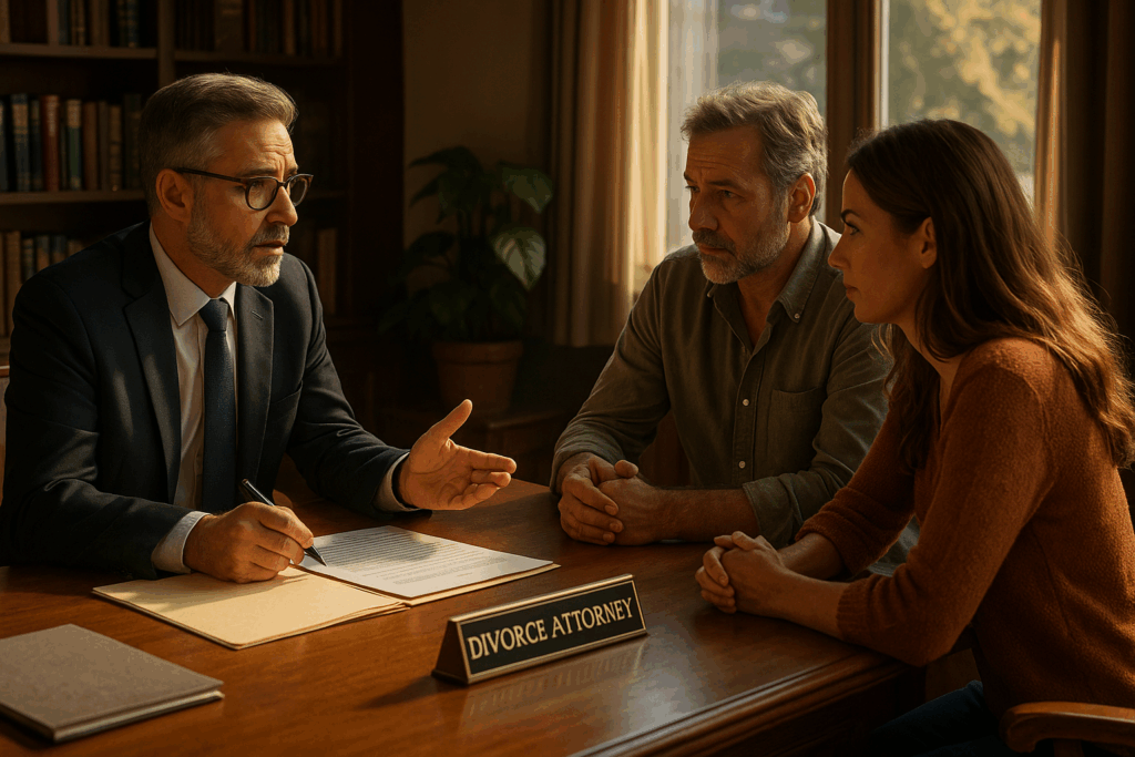 An image depicting an experienced divorce attorney consulting with clients about their divorce options.